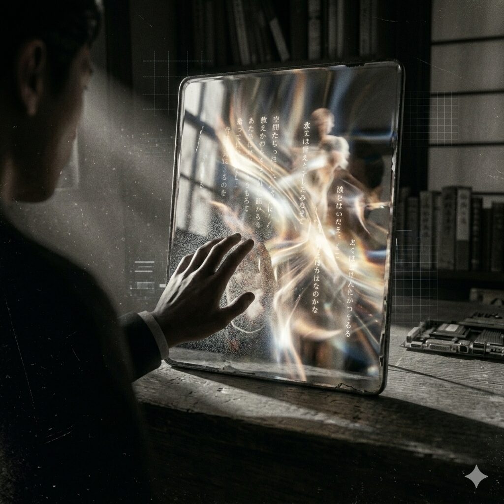 現代的な手が高密度の熱を帯びたガラスの器に触れ、デジタルノイズが立ち昇る様子。