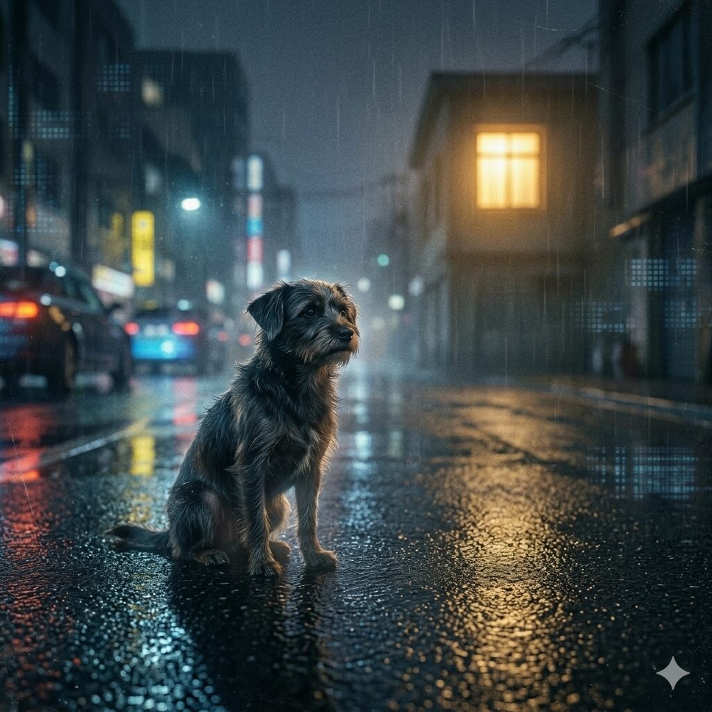 夜の雨に濡れた路面に座る一匹の犬と、遠くに見えるサナトリウムの窓の明かり。