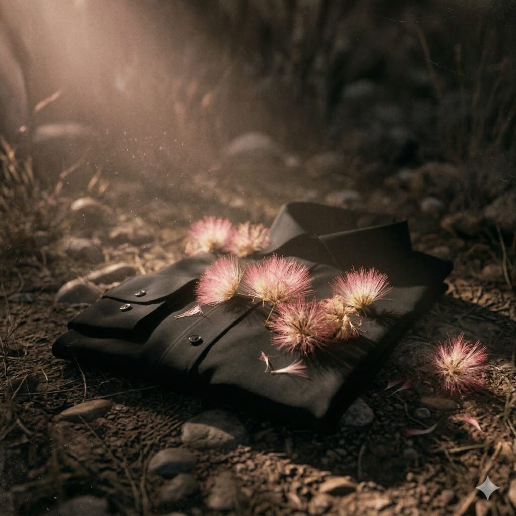 地面に広げられた黒いシャツの上に散りばめられたピンク色の合歓の花。