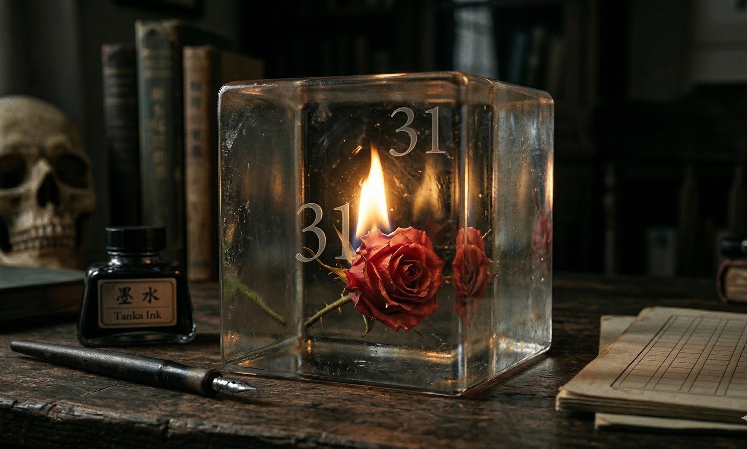 31文字の定型を象徴するガラスの立方体に閉じ込められた赤いバラと激しい炎。