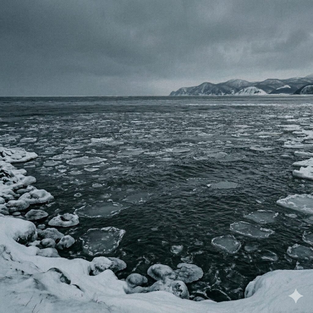 鉛色の空の下、流氷とシャーベット状の氷が海面を覆う北海道の冬の海。