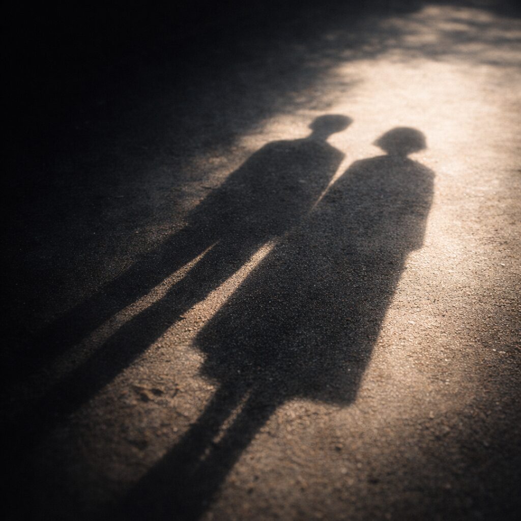 光の地面に伸びる二人の人物の影が並ぶ象徴的な写真