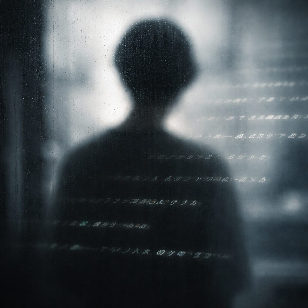 ガラス越しに見える人物の影と浮かぶ文字の気配