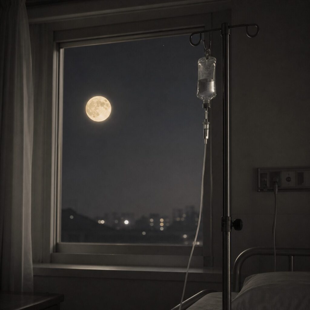 夜の病室で、窓の外に白い月が浮かび、室内には点滴スタンドが静かに立っている画像