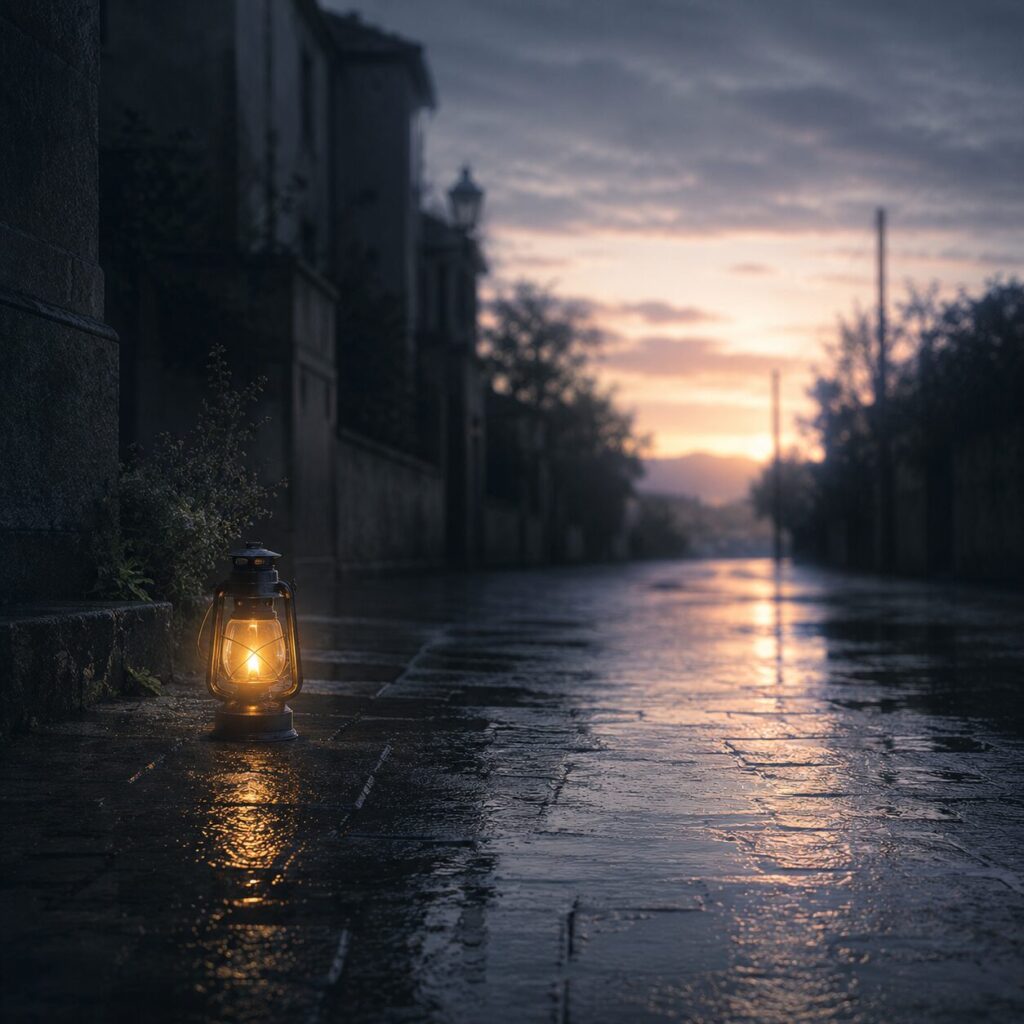 雨上がりの暗い道端に小さな灯りがともり、濡れた地面に光がにじんでいる画像
