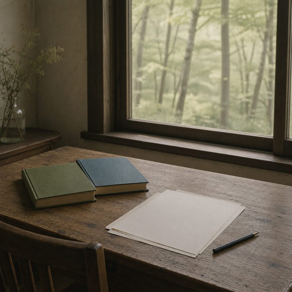 軽井沢を思わせる高原の部屋の木の机に、二冊の詩集と白い紙が置かれている画像