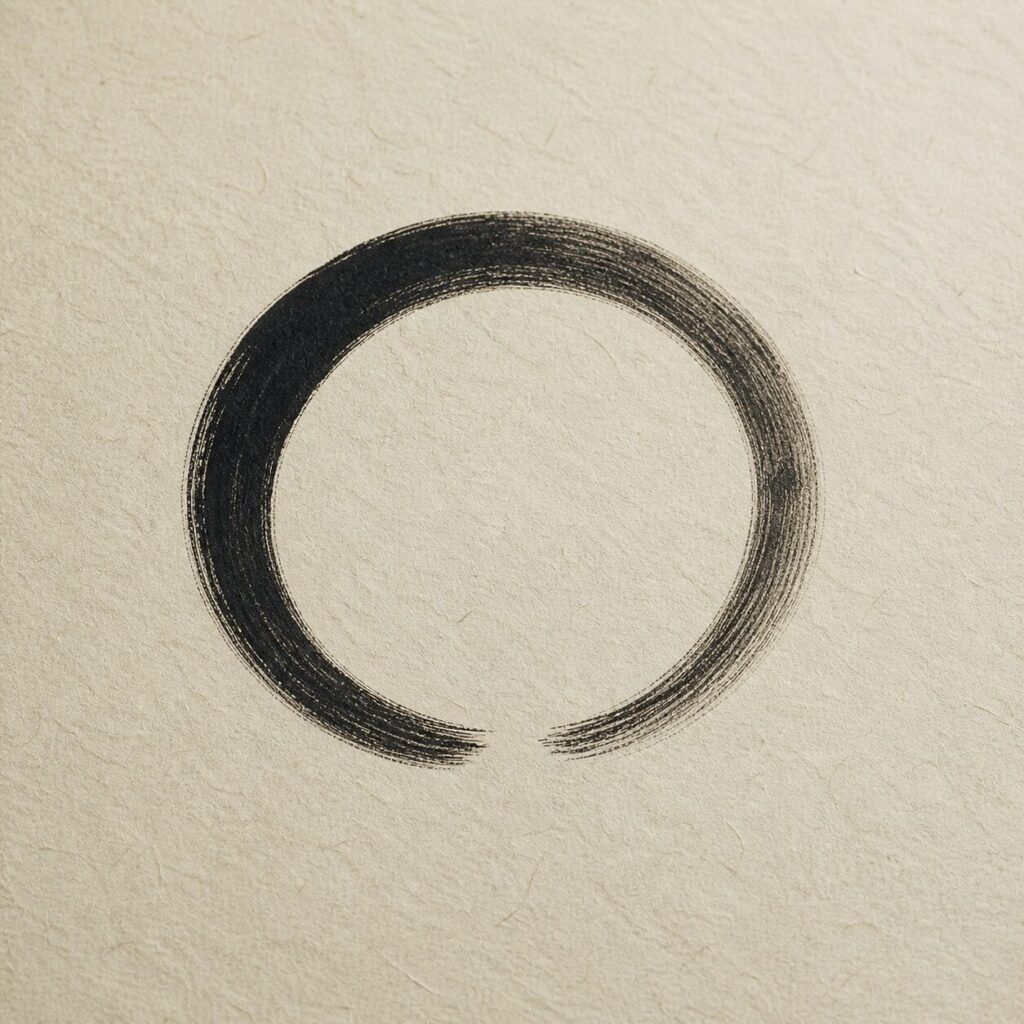 生成り色の紙の上に、墨で描かれた円がわずかな隙間を残して閉じていない画像