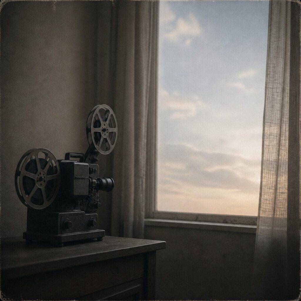 暗い部屋に古い映写機が置かれ、窓の外に淡い空が広がっている画像