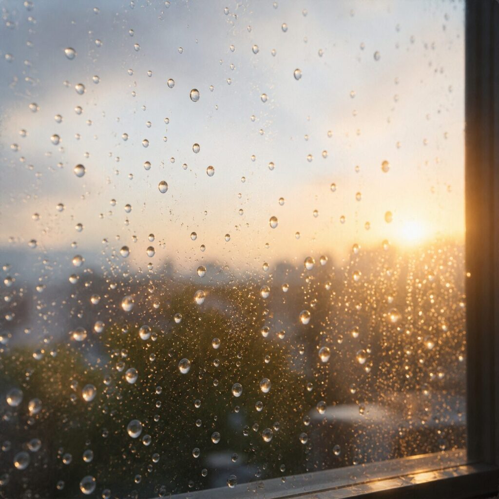 雨上がりの窓ガラスに無数の水滴がつき、朝の光を受けて静かに輝いている画像