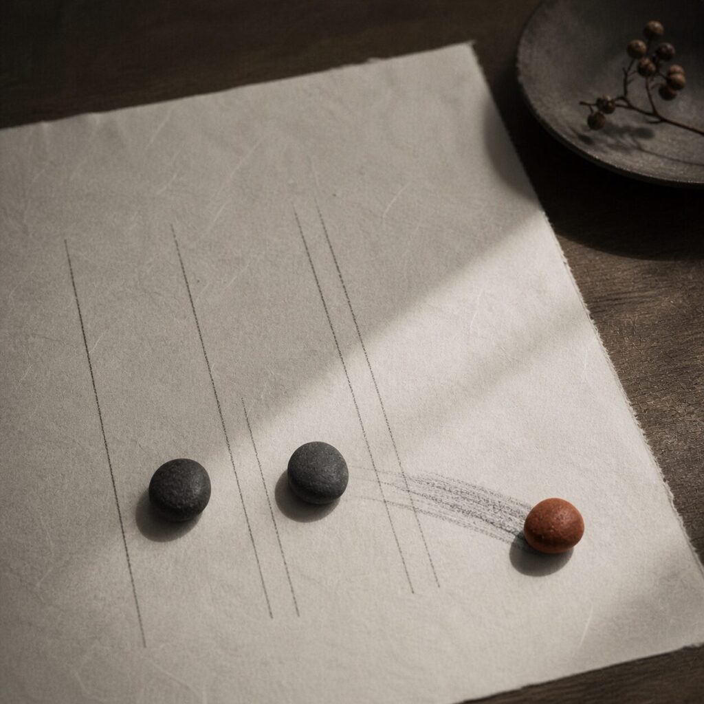 和紙の上に三つの小石が置かれ、そのうち一つだけが赤茶色に目立ち、枠線の外へ転がっている画像