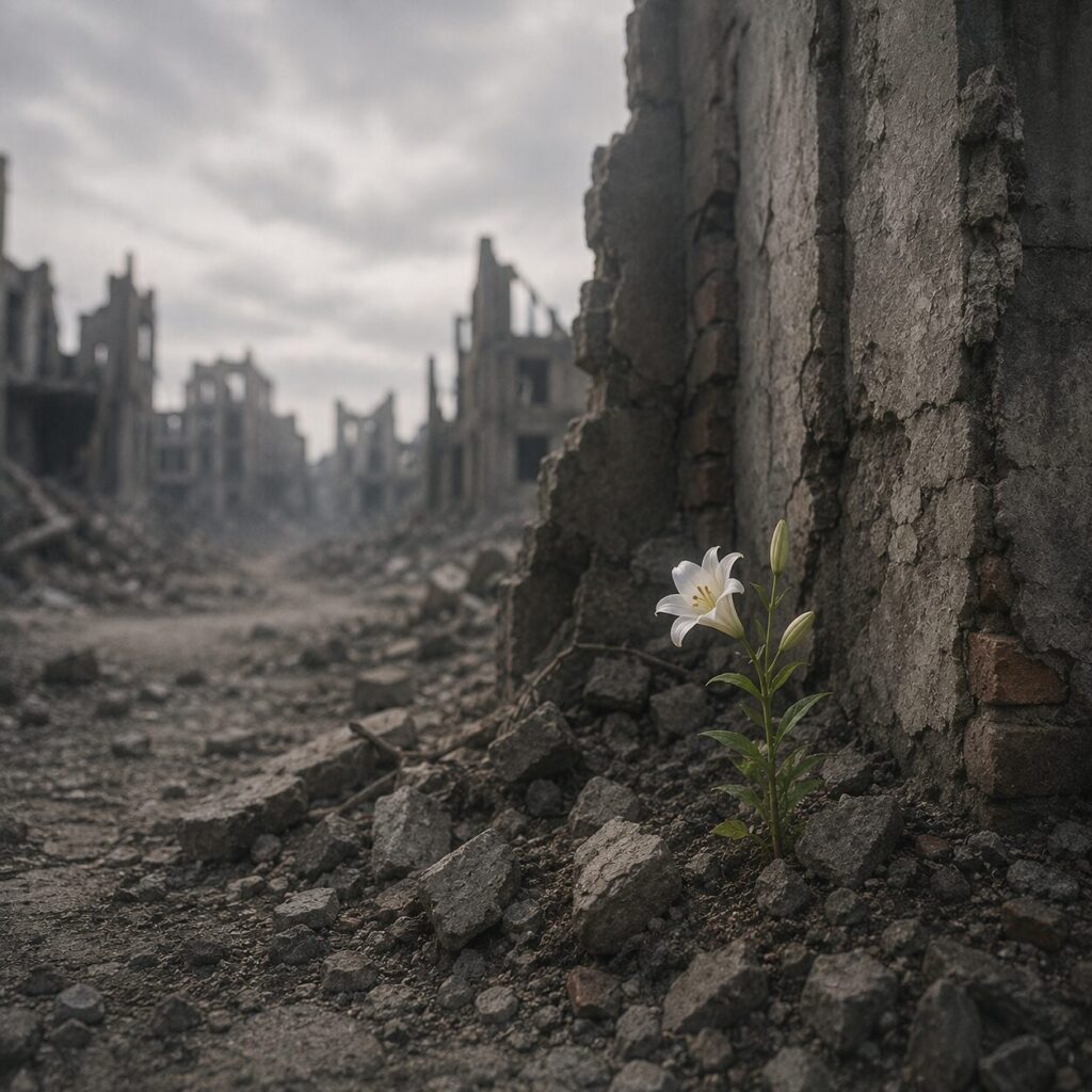 灰色の廃墟の街角に、小さな白い花がひっそり咲いている画像