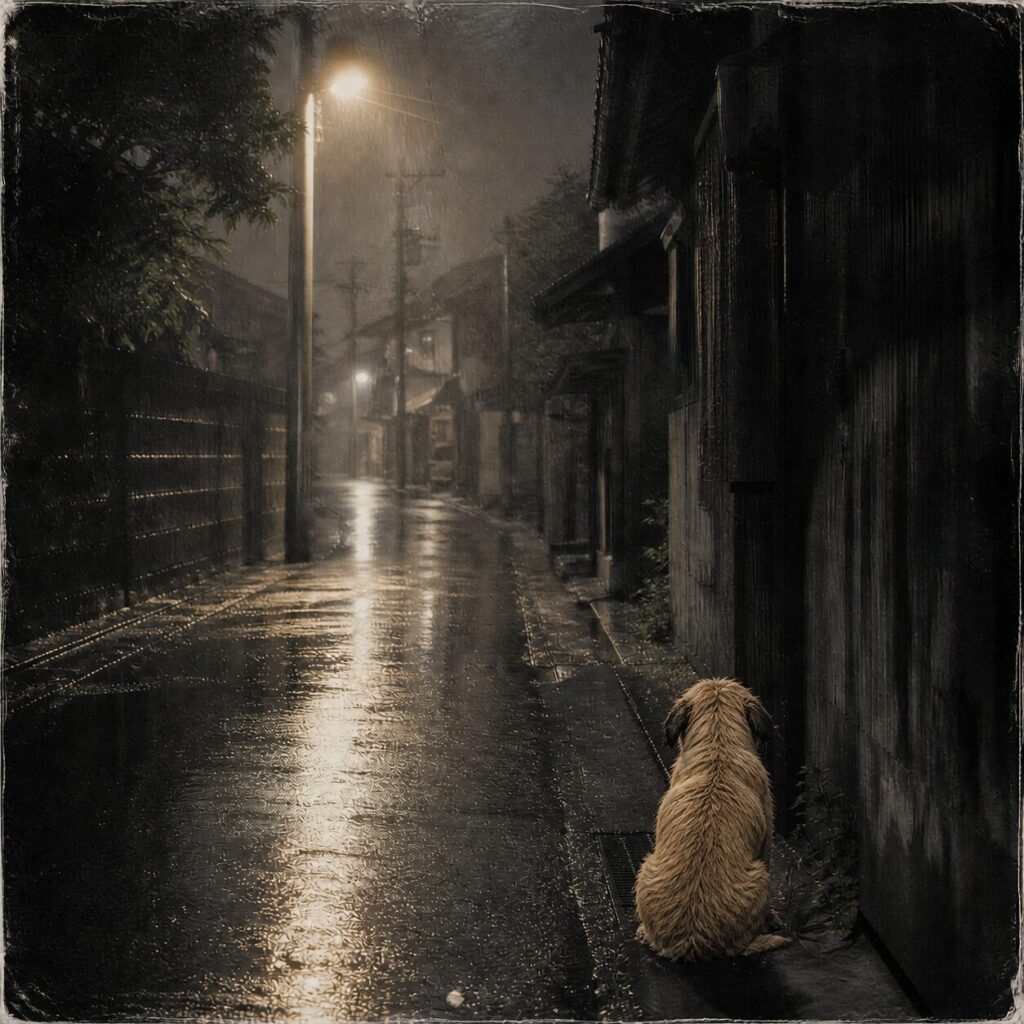 昭和末期を思わせる雨の路地で、濡れた道路の片隅に小さな犬の後ろ姿が静かにうずくまっている画像