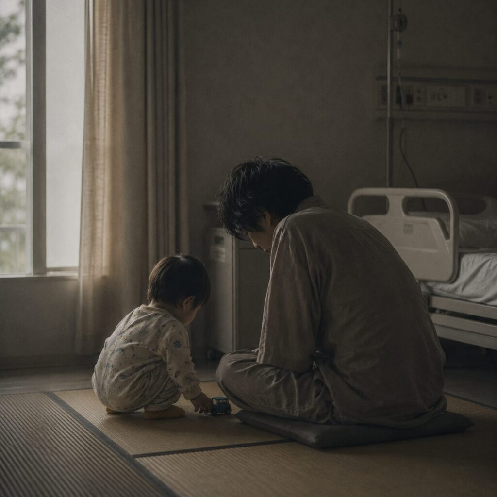 病室の畳の上で、父親らしき人物が幼い子どもと同じ高さに坐り、小さなおもちゃを見つめている画像