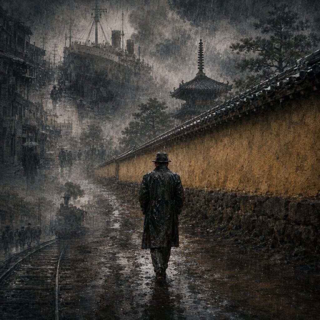 土砂降りの雨の中、帽子とコートの人物が法隆寺風の土塀沿いの道を歩き、上海や船や線路の記憶が背後に重なる挿絵