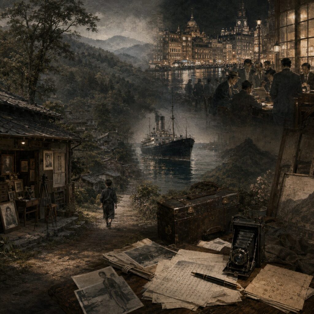 吉野の山村、写真館、旅鞄、船、上海の夜景が重なって描かれた池田克己の歩みを表す挿絵
