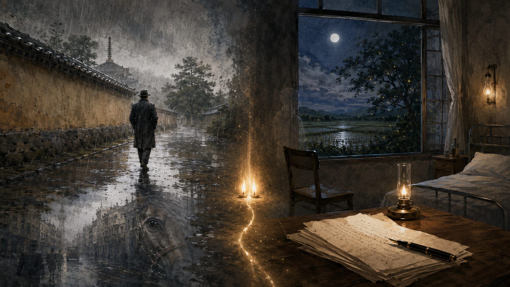 雨の法隆寺風の土塀を歩く人物と、月明かりの病室で原稿が置かれた机が左右に描かれた文学的な挿絵