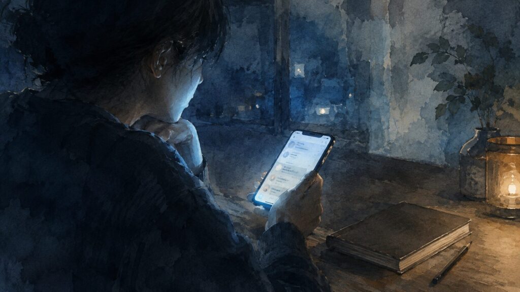 スマートフォンの光に照らされる人物と机上のノート
